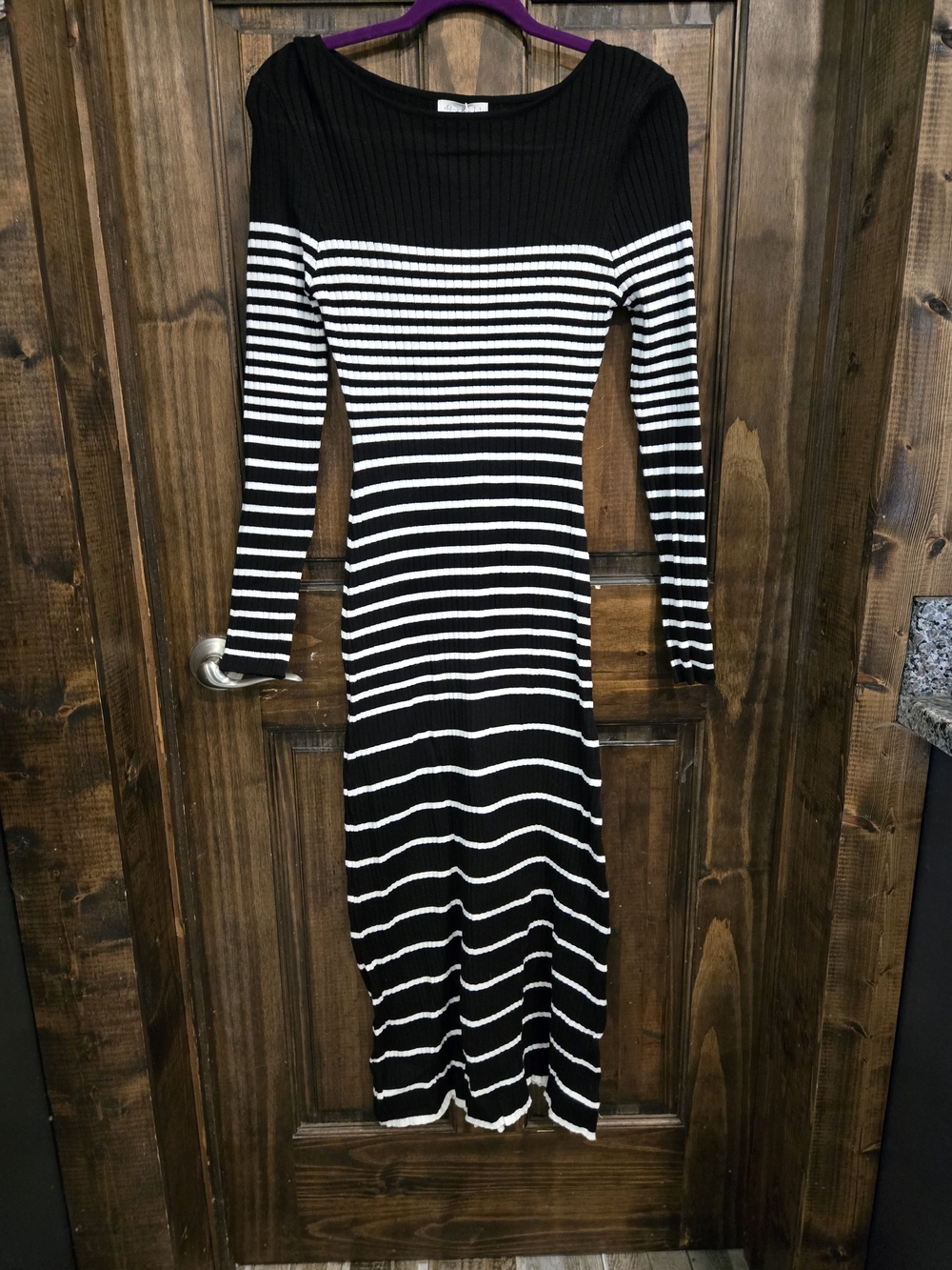 Black & White Striped Ribbed Knit Midi Dress